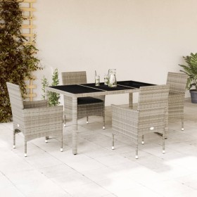 Set comedor jardín 5 pzas y cojines ratán PE vidrio gris claro de vidaXL, Conjuntos de jardín - Ref: Foro24-3278575, Precio: ...