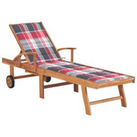 Sun lounger with red checkered cushion solid teak wood by vidaXL, Loungers - Ref: Foro24-3063019, Price: 300,99 €, Discount: %