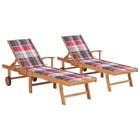 Sonnenliegen 2 Stück aus massivem Teakholz mit rot kariertem Kissen von vidaXL, Liegen - Ref: Foro24-3073199, Preis: 595,99 €...