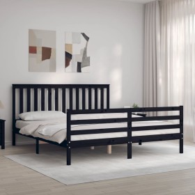 Double bed frame with black solid wood headboard by vidaXL, Beds and slatted bases - Ref: Foro24-3194265, Price: 185,14 €, Di...