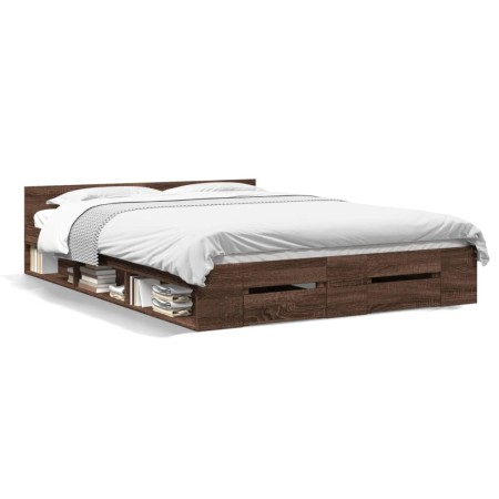 Oak brown engineered wood bed with drawers 120x190 cm by vidaXL, Beds and slatted bases - Ref: Foro24-3280782, Price: 156,39 ...