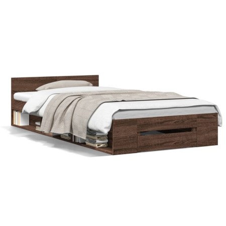 Oak brown engineered wood bed with drawer 100x200 cm by vidaXL, Beds and slatted bases - Ref: Foro24-3280796, Price: 148,24 €...