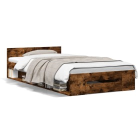 Smoked oak engineered wood bed with drawer 75x190 cm by vidaXL, Beds and slatted bases - Ref: Foro24-3280808, Price: 126,99 €...