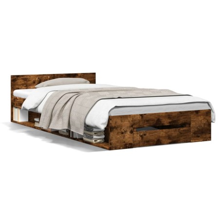 Smoked oak engineered wood bed with drawer 90x200 cm by vidaXL, Beds and slatted bases - Ref: Foro24-3280801, Price: 140,12 €...