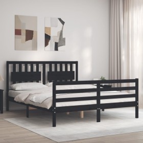 Double bed frame with black solid wood headboard by vidaXL, Beds and slatted bases - Ref: Foro24-3194320, Price: 173,41 €, Di...