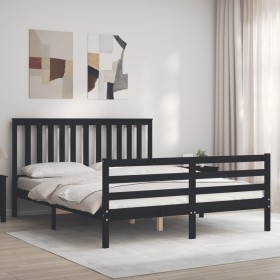 Double bed frame with black solid wood headboard by vidaXL, Beds and slatted bases - Ref: Foro24-3194255, Price: 169,99 €, Di...