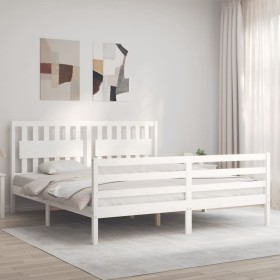 Double bed frame with white solid wood headboard by vidaXL, Beds and slatted bases - Ref: Foro24-3194327, Price: 173,95 €, Di...