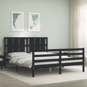 Double bed frame with black solid wood headboard by vidaXL, Beds and slatted bases - Ref: Foro24-3194125, Price: 171,31 €, Di...