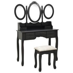 Tocador con taburete y espejo triple plegable negro de vidaXL, Tocadores para dormitorios - Ref: Foro24-289328, Precio: 236,9...