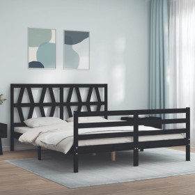 Double bed frame with black solid wood headboard by vidaXL, Beds and slatted bases - Ref: Foro24-3194385, Price: 163,99 €, Di...