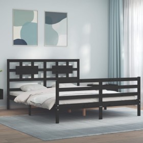 Double bed frame with black solid wood headboard by vidaXL, Beds and slatted bases - Ref: Foro24-3194450, Price: 167,99 €, Di...