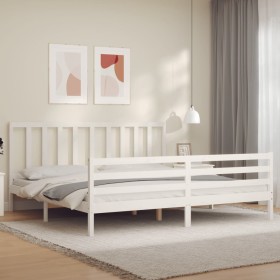 Double bed frame with white solid wood headboard by vidaXL, Beds and slatted bases - Ref: Foro24-3193872, Price: 152,76 €, Di...