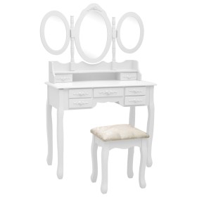 Tocador con taburete y espejo triple plegable blanco de vidaXL, Tocadores para dormitorios - Ref: Foro24-289326, Precio: 230,...