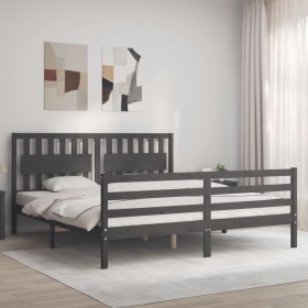 Double bed frame with gray solid wood headboard by vidaXL, Beds and slatted bases - Ref: Foro24-3194328, Price: 188,17 €, Dis...