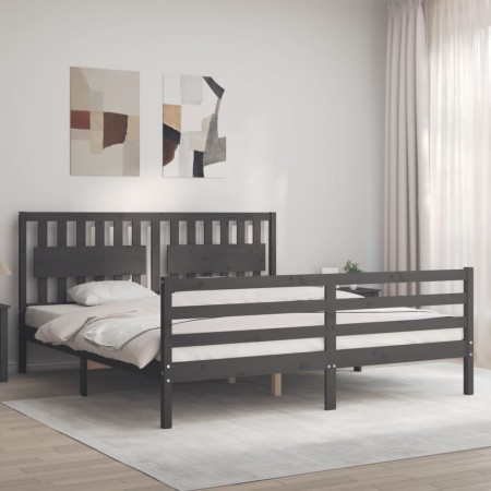 Double bed frame with gray solid wood headboard by vidaXL, Beds and slatted bases - Ref: Foro24-3194328, Price: 188,99 €, Dis...