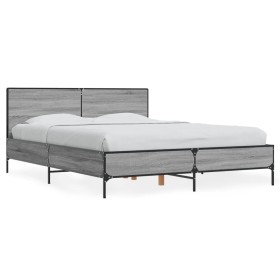 Estructura cama madera ingeniería metal gris Sonoma 135x190 cm de vidaXL, Camas y somieres - Ref: Foro24-3280030, Precio: 161...