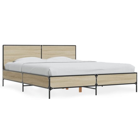 Estructura cama madera ingeniería metal roble Sonoma 160x200 cm de vidaXL, Camas y somieres - Ref: Foro24-3280008, Precio: 16...