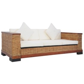 3-seater sofa with brown natural rattan cushions by vidaXL, Sofas - Ref: Foro24-283080, Price: 485,72 €, Discount: %