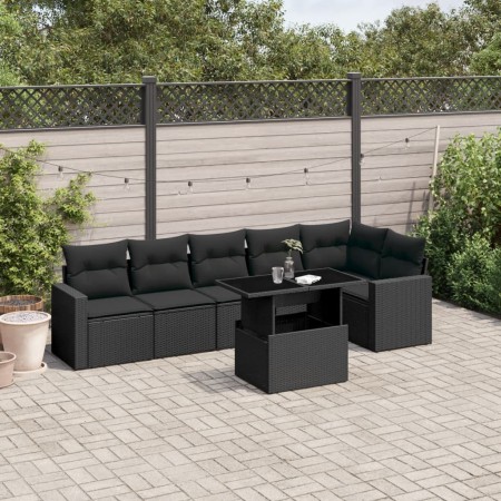 Set de sofás de jardín 7 pzas con cojines ratán sintético negro de vidaXL, Conjuntos de jardín - Ref: Foro24-3267285, Precio:...