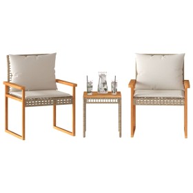 Table and chairs with cushions 3 pieces PE rattan acacia beige mix by vidaXL, Garden sets - Ref: Foro24-365861, Price: 152,99...