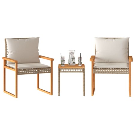 Table and chairs with cushions 3 pieces PE rattan acacia beige mix by vidaXL, Garden sets - Ref: Foro24-365861, Price: 152,94...