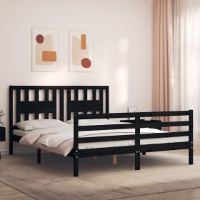 Double bed frame with black solid wood headboard by vidaXL, Beds and slatted bases - Ref: Foro24-3194580, Price: 158,99 €, Di...