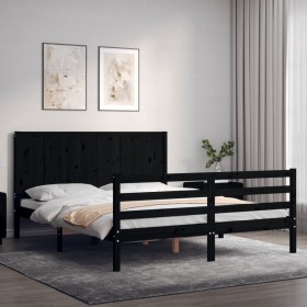 Double bed frame with black solid wood headboard by vidaXL, Beds and slatted bases - Ref: Foro24-3194515, Price: 182,99 €, Di...