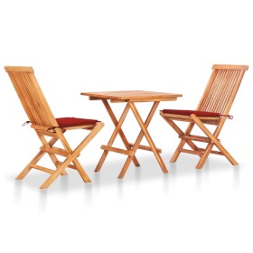 3-teiliges Bistro-Set mit roten Kissen aus massivem Teakholz von vidaXL, Gartensets - Ref: Foro24-3063231, Preis: 177,93 €, R...