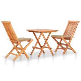 3-teiliges Bistroset mit beigen Kissen aus massivem Teakholz von vidaXL, Gartensets - Ref: Foro24-3063228, Preis: 175,04 €, R...