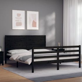 Double bed frame with black solid wood headboard by vidaXL, Beds and slatted bases - Ref: Foro24-3194645, Price: 185,99 €, Di...