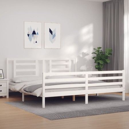 Double bed frame with white solid wood headboard by vidaXL, Beds and slatted bases - Ref: Foro24-3194717, Price: 151,88 €, Di...