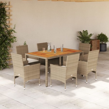 Set de comedor jardín 7 pzas con cojines ratán PE acacia beige de , Conjuntos de jardín - Ref: Foro24-3278684, Precio: 525,15...