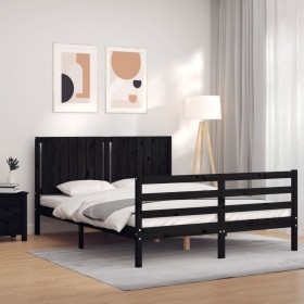 Double bed frame with black solid wood headboard by vidaXL, Beds and slatted bases - Ref: Foro24-3194775, Price: 165,99 €, Di...