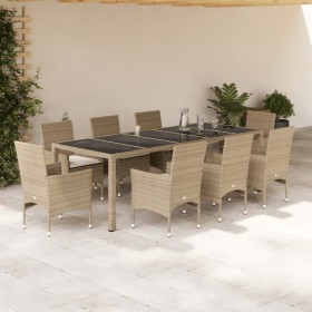 Set comedor jardín 9 pzas cojines ratán sintético vidrio beige de , Conjuntos de jardín - Ref: Foro24-3278595, Precio: 729,85...