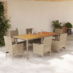 7-teiliges Garten-Essset mit beigen Akazien-PE-Rattankissen von , Gartensets - Ref: Foro24-3278685, Preis: 564,99 €, Rabatt: %