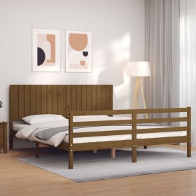 Honey brown solid wood bed frame with headboard by vidaXL, Beds and slatted bases - Ref: Foro24-3194784, Price: 204,99 €, Dis...