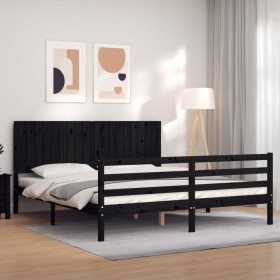 Double bed frame with black solid wood headboard by vidaXL, Beds and slatted bases - Ref: Foro24-3194785, Price: 176,99 €, Di...