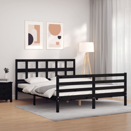 Double bed frame with black solid wood headboard by vidaXL, Beds and slatted bases - Ref: Foro24-3194840, Price: 157,99 €, Di...