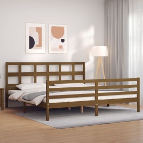 Honey brown solid wood bed frame with headboard by vidaXL, Beds and slatted bases - Ref: Foro24-3194849, Price: 182,59 €, Dis...