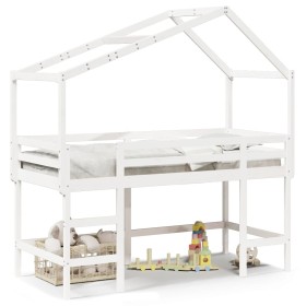 Cama alta escalera y techo madera maciza pino blanca 90x190 cm de , Camas y somieres - Ref: Foro24-3282075, Precio: 241,46 €,...