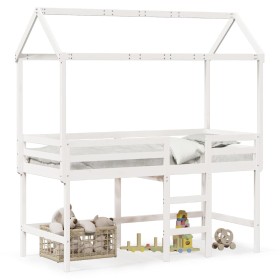 Cama alta escalera y techo madera maciza pino blanca 90x200 cm de , Camas y somieres - Ref: Foro24-3282145, Precio: 261,99 €,...