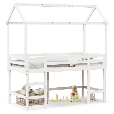 Cama alta escalera y techo madera maciza pino blanca 80x200 cm de , Camas y somieres - Ref: Foro24-3282153, Precio: 237,99 €,...