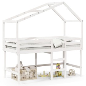 Cama alta escalera y techo madera maciza pino blanca 80x200 cm de , Camas y somieres - Ref: Foro24-3282067, Precio: 234,30 €,...