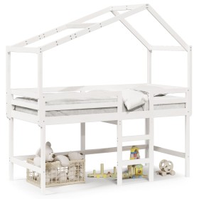 Cama alta escalera y techo madera maciza pino blanca 90x200 cm de , Camas y somieres - Ref: Foro24-3282065, Precio: 240,85 €,...