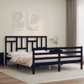 Double bed frame with black solid wood headboard by vidaXL, Beds and slatted bases - Ref: Foro24-3194970, Price: 170,85 €, Di...