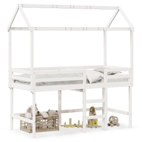 Cama alta escalera y techo madera maciza pino blanca 90x190 cm de , Camas y somieres - Ref: Foro24-3282149, Precio: 255,99 €,...