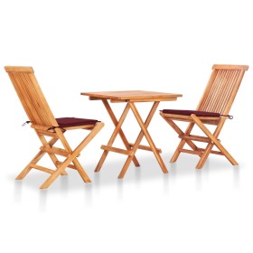 3-teiliges Bistroset mit rot-roten Kissen aus massivem Teakholz von , Gartensets - Ref: Foro24-3063234, Preis: 177,93 €, Raba...