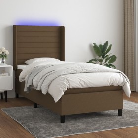 Boxspringbett-Matratze und LED-Leuchten aus dunkelbraunem Stoff, 90 x 190 cm von , Betten und Lattenroste - Ref: Foro24-31383...