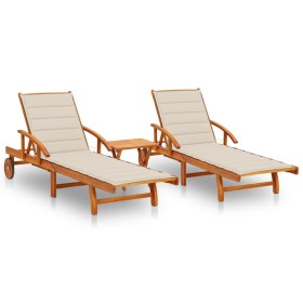 Sun loungers with table and cushions 2 pcs solid acacia wood by , Loungers - Ref: Foro24-3077348, Price: 381,08 €, Discount: %