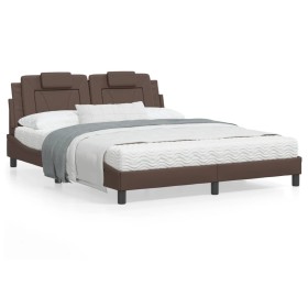 Estructura de cama con luces LED cuero PE marrón 160x200 cm de , Camas y somieres - Ref: Foro24-3214031, Precio: 228,86 €, De...